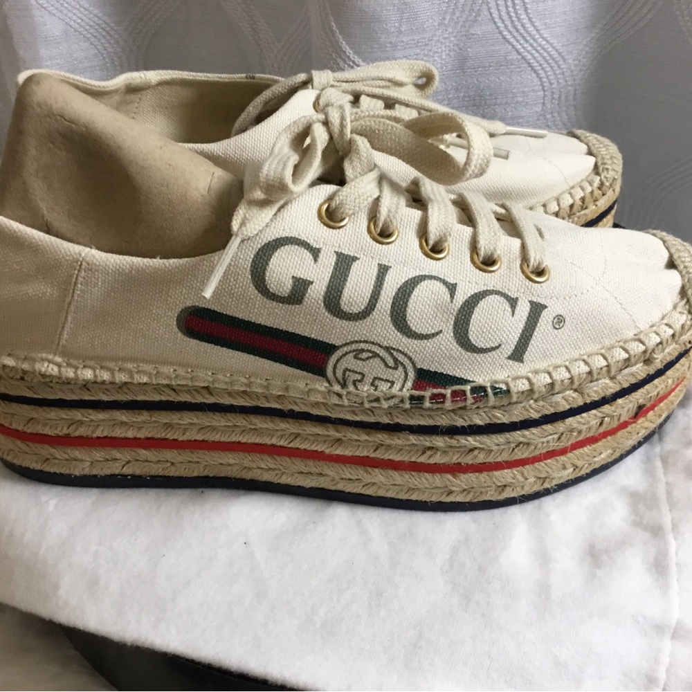 Gucci Cream Canvas Platform Espadrille Sneakers with Web Stripe - Picture 14 of 15